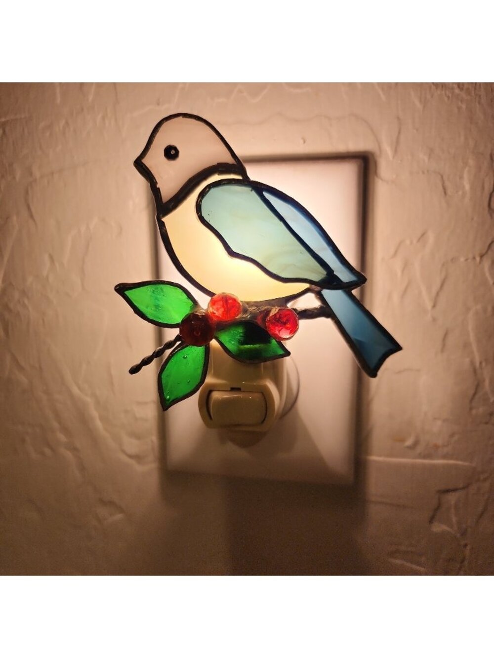Vintage Stained Glass Night Light Blue Bird Holly